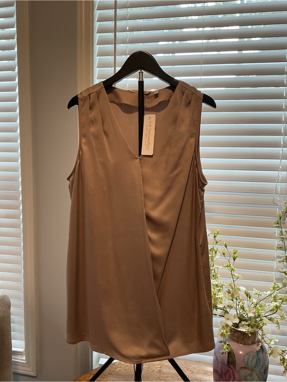 Soft Surroundings Taupe Satin Faux-Wrap Sleeveless blouse
